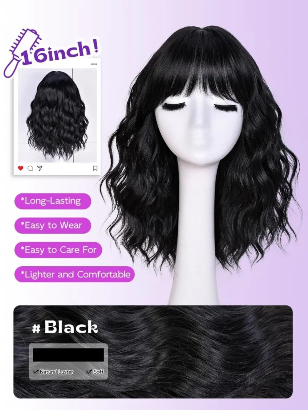 Women's Black 14 Inch Natural Synthetic Short Curly Wavy Fiber Wigs